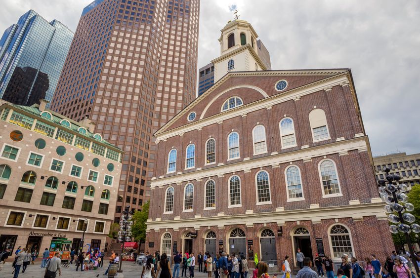 boston, ma - may 20: a crowd of tourists and locals at faneuil hall, rated number 4 in america's 25 most visited tourist sites by forbes traveler in 2008. as seen on may 20, 2014 in boston, ma - usa.