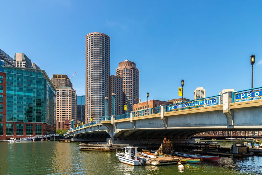 boston, usa - march 29, 2020: panoramic view of boston cityscape in a sunny day, usa